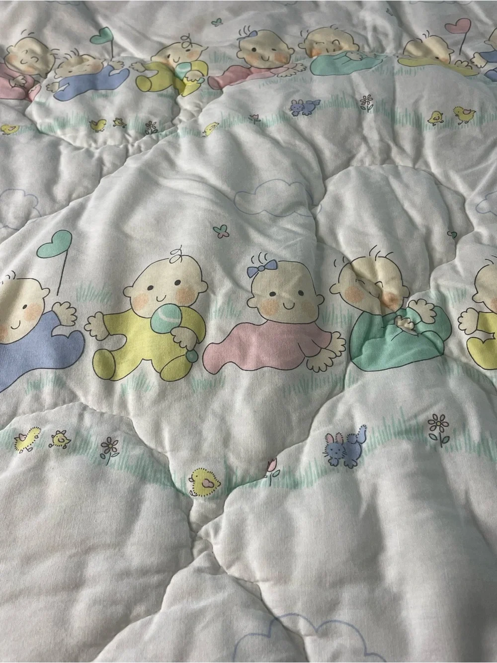 Vtg 80s Quiltex Baby Q Pastel Crawling Babies Quilt Blanket USA Made 30x45